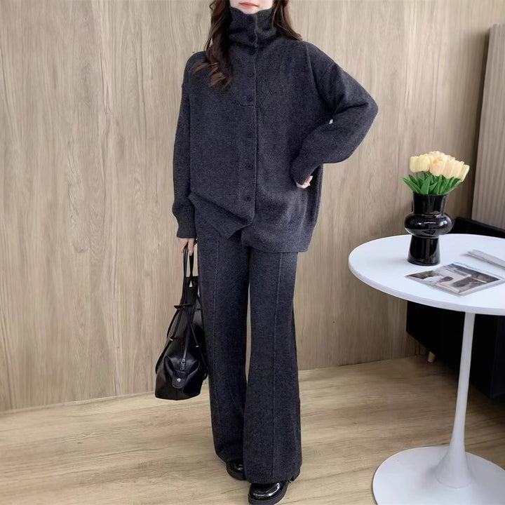 Damen Strickensemble mit hohem Kragen und knöpfbarem Design Drune