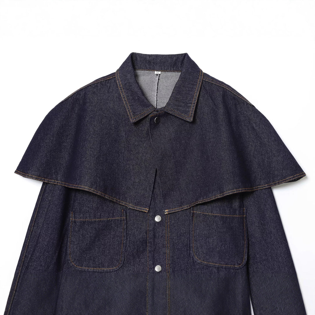 Damen Kurze Jeansjacke mit Cape‑Einsatz, Pattentaschen und Druckknöpfen Drune