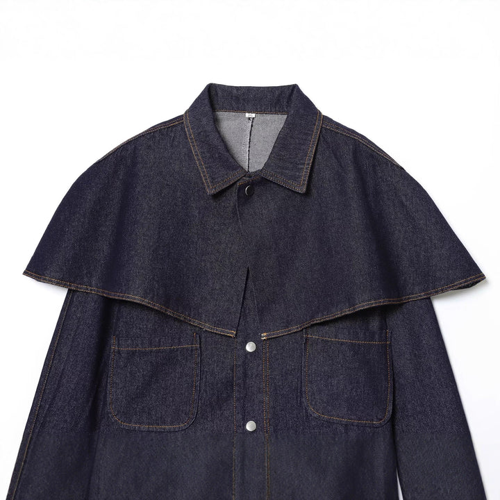 Damen Kurze Jeansjacke mit Cape‑Einsatz, Pattentaschen und Druckknöpfen Drune