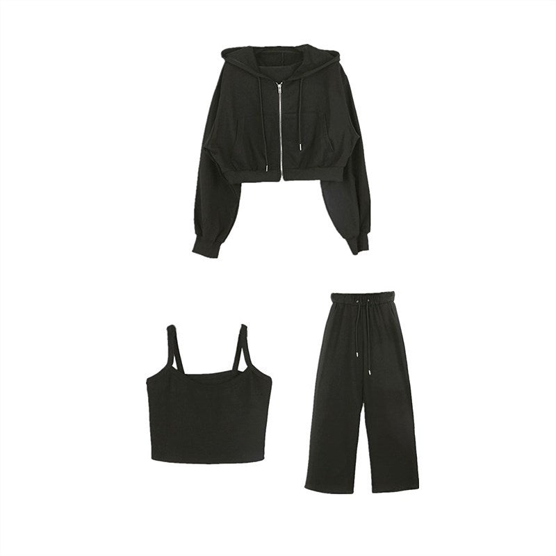 Damen modisches Drei-Teiliges Set mit cropped Hoodie, Tanktop und weiten Hosen Drune