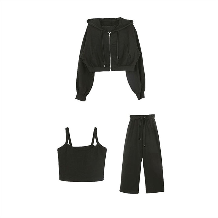 Damen modisches Drei-Teiliges Set mit cropped Hoodie, Tanktop und weiten Hosen Drune