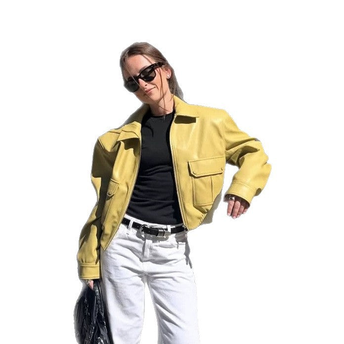 Damen kurze boxy Lederimitat-Jacke mit aufgesetzten Pattentaschen und Reißverschluss Drune