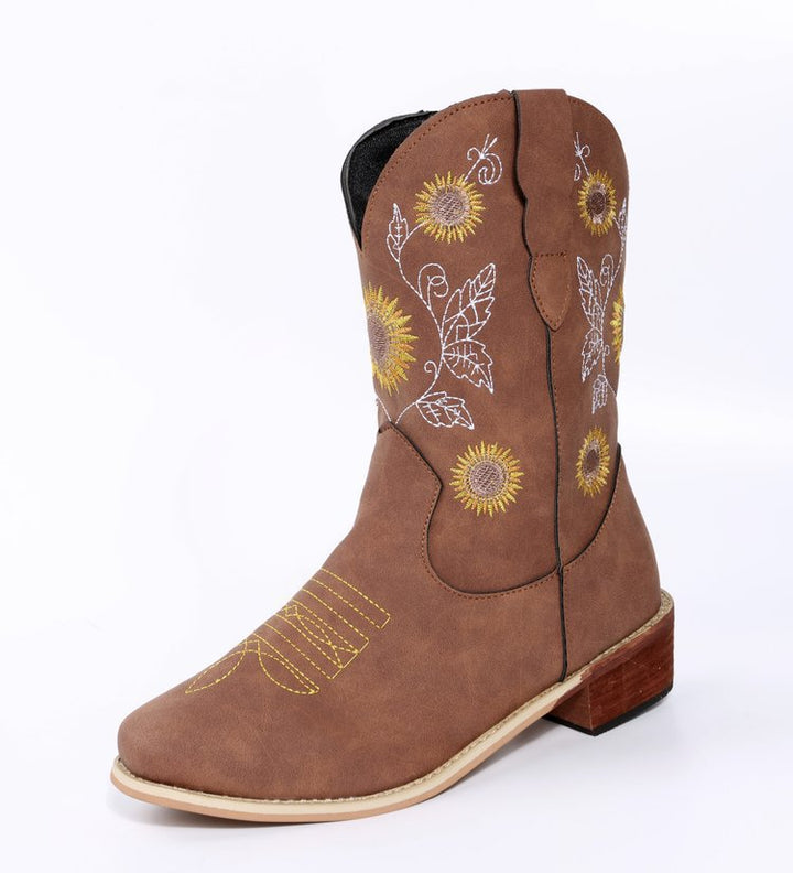 Damen Western-Stiefel mit bestickten Sonnenblumen und komfortablem Blockabsatz Drune