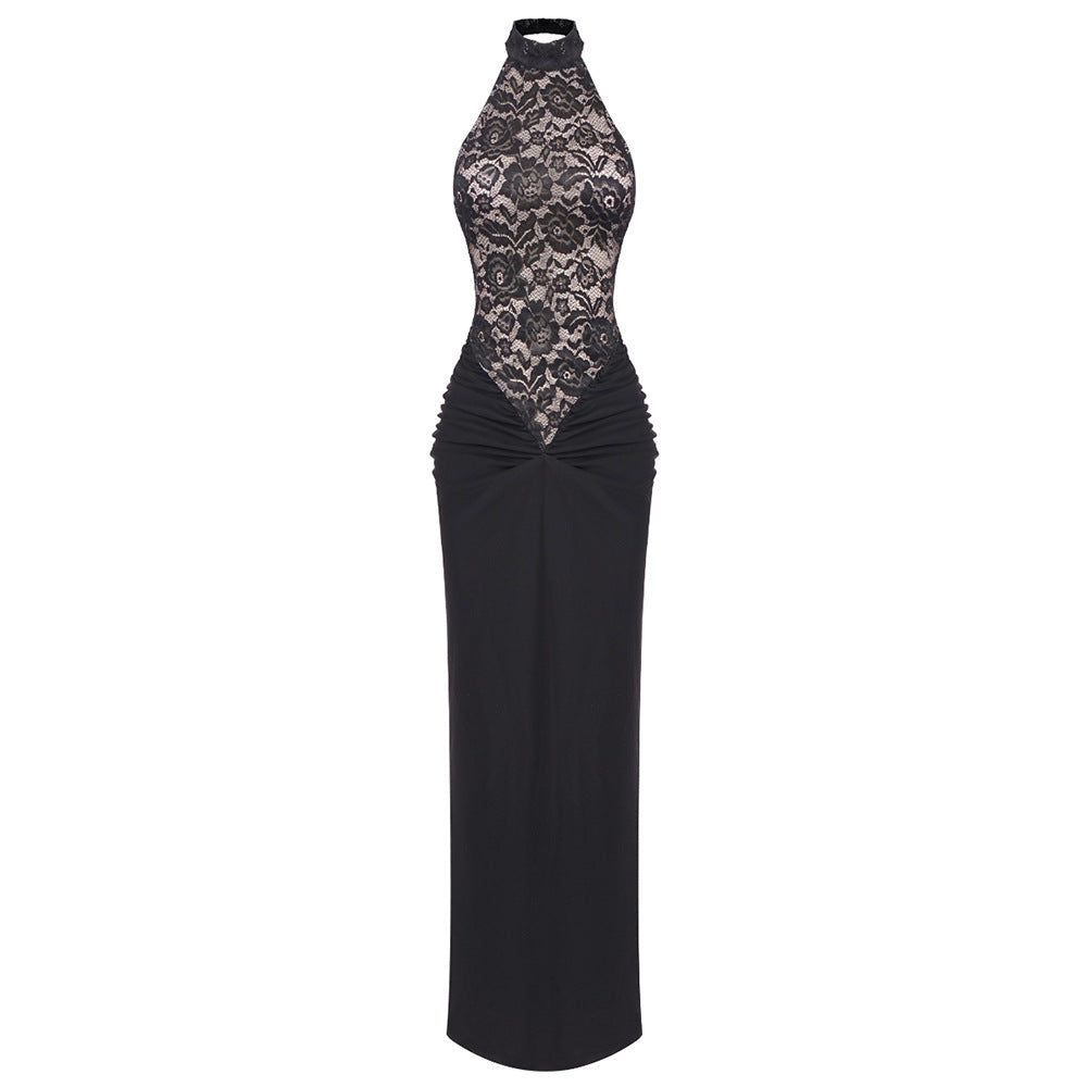 Damen Elegantes Spitzenkleid mit hohem Kragen und figurbetonendem Schnitt Drune