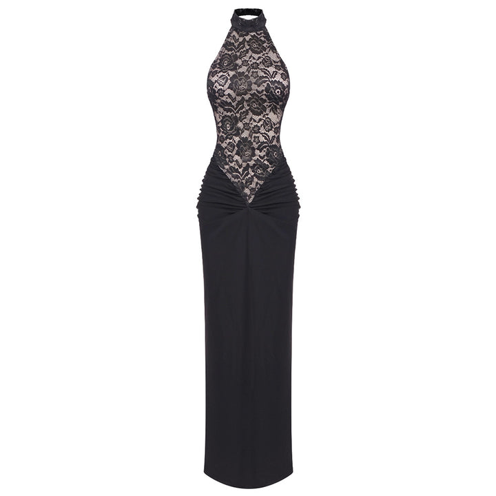 Damen Elegantes Spitzenkleid mit hohem Kragen und figurbetonendem Schnitt Drune