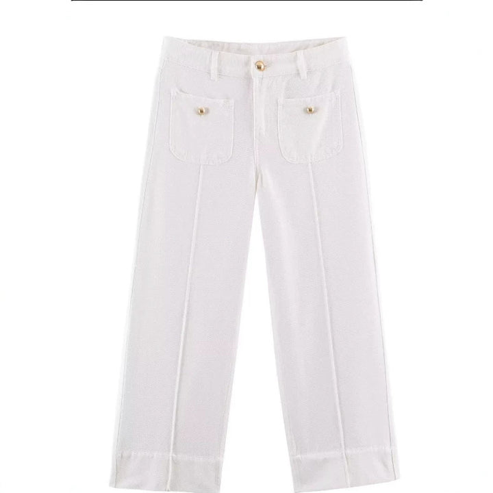 Damen Hochtaillierte weite Leinenhose mit Bügelfalte und aufgesetzten Taschen Drune