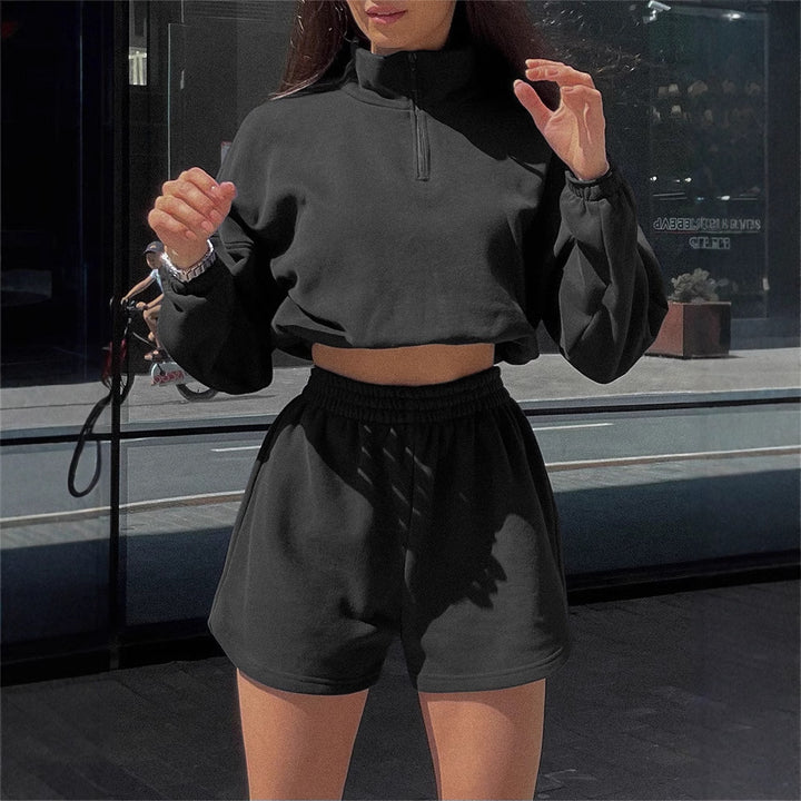 Damen Sportliches Cropped-Kapuzenoberteil mit kurzen Hosen Drune