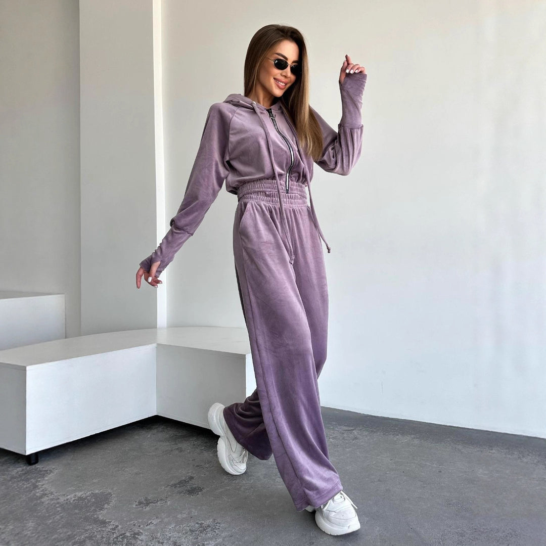 Damen Velours-Lounge-Set mit Cropped Kapuzenjacke und High-Waist weitem Bein Drune