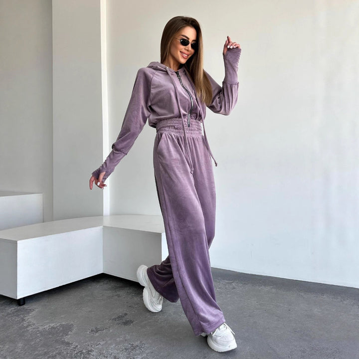 Damen Velours-Lounge-Set mit Cropped Kapuzenjacke und High-Waist weitem Bein Drune