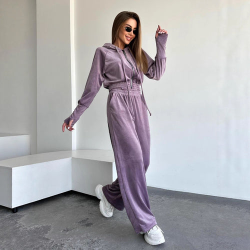 Damen Velours-Lounge-Set mit Cropped Kapuzenjacke und High-Waist weitem Bein Drune