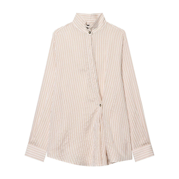 Damen Oversize-Hemdbluse mit Stehkragen, verdeckter Knopfleiste und feinem Streifenmuster Drune