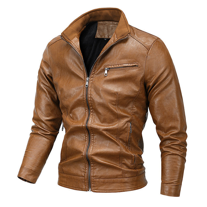 Herren Slim-Fit Kunstlederblouson mit Stehkragen und Reißverschlusstaschen Drune