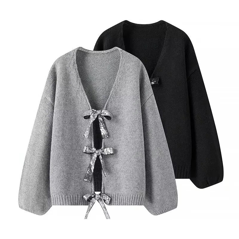 Damen nan Oversize-Strickcardigan mit tiefem V-Ausschnitt und dekorativen Pailletten-Schleifen Drune