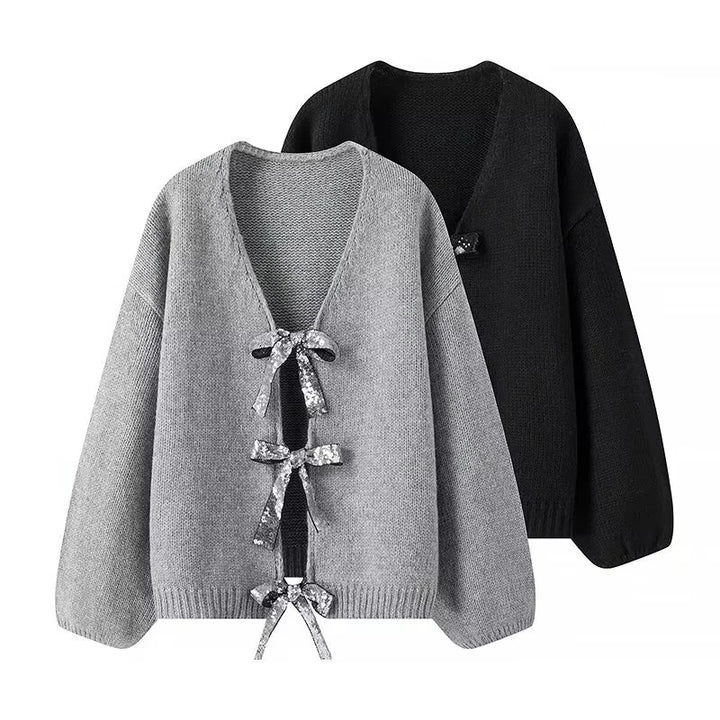 Damen nan Oversize-Strickcardigan mit tiefem V-Ausschnitt und dekorativen Pailletten-Schleifen Drune