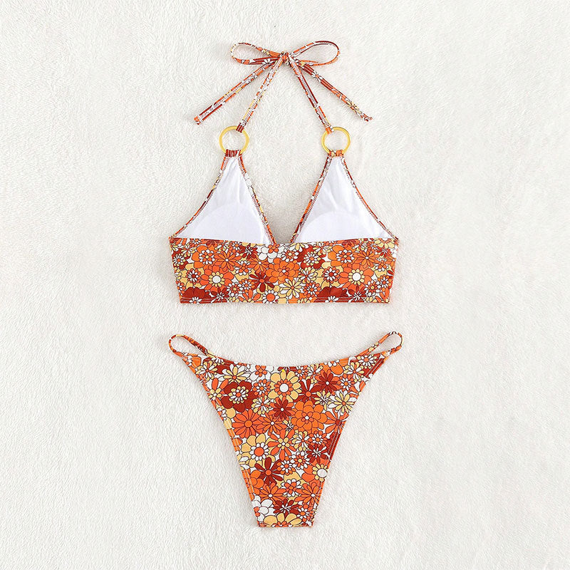 Damen Triangel-Bikini mit modischem Blütenmuster und eleganten Ringdetails Drune