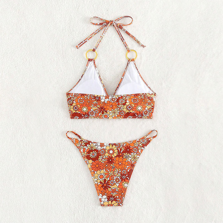 Damen Triangel-Bikini mit modischem Blütenmuster und eleganten Ringdetails Drune