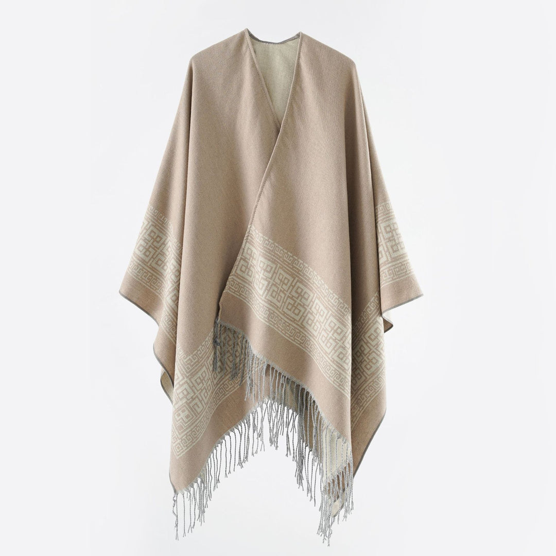 Damen Reversibler Wollmix‑Überwurf im Kimono‑Fall mit ornamentaler Bordüre und Zierfransen Drune