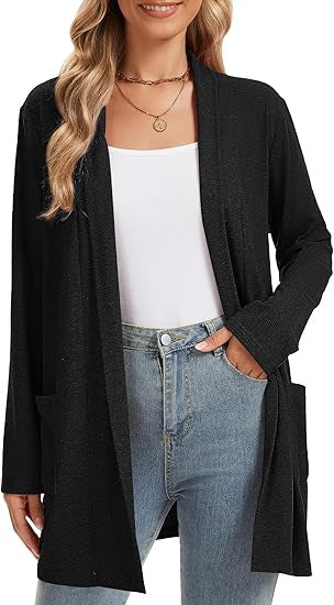 Damen lässiger Langarm-Cardigan mit offenen Front und Taschen Drune