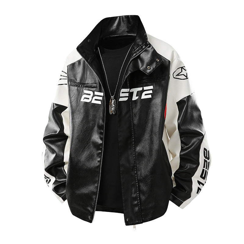 Herren Modische Kunstlederjacke mit Kontrastärmel Drune
