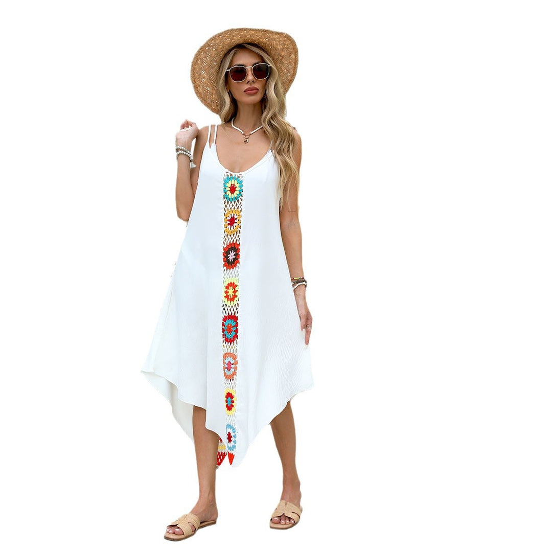 Damen luftiges Strandkleid mit buntem Häkelmuster und asymmetrischem Saum Drune