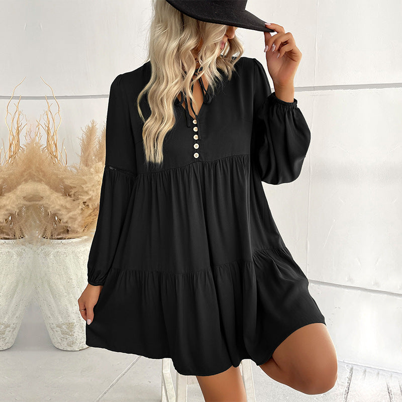 Damen Weiches Stufen-Minikleid mit V-Ausschnitt, Knopfleiste und Ballonärmeln Drune