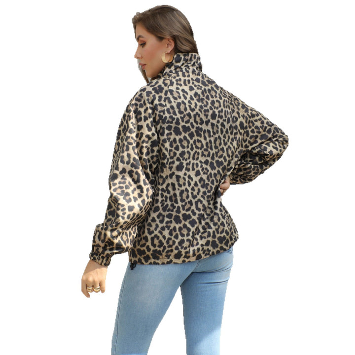 Damen Leopard-Print Bomberjacke mit Stehkragen, Reißverschluss und Gummizug Drune