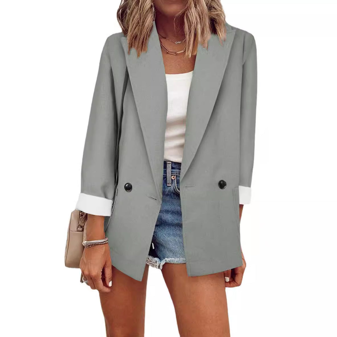 Damen Oversize Longline-Blazer mit 3/4-Ärmeln, Kontrastumschlag und aufgesetzten Taschen Drune