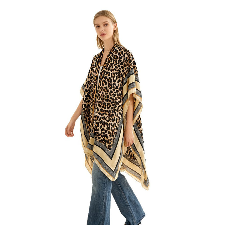 Damen Oversized Kimono-Überwurf mit Leopardmuster und breiter Satin-Bordüre Drune