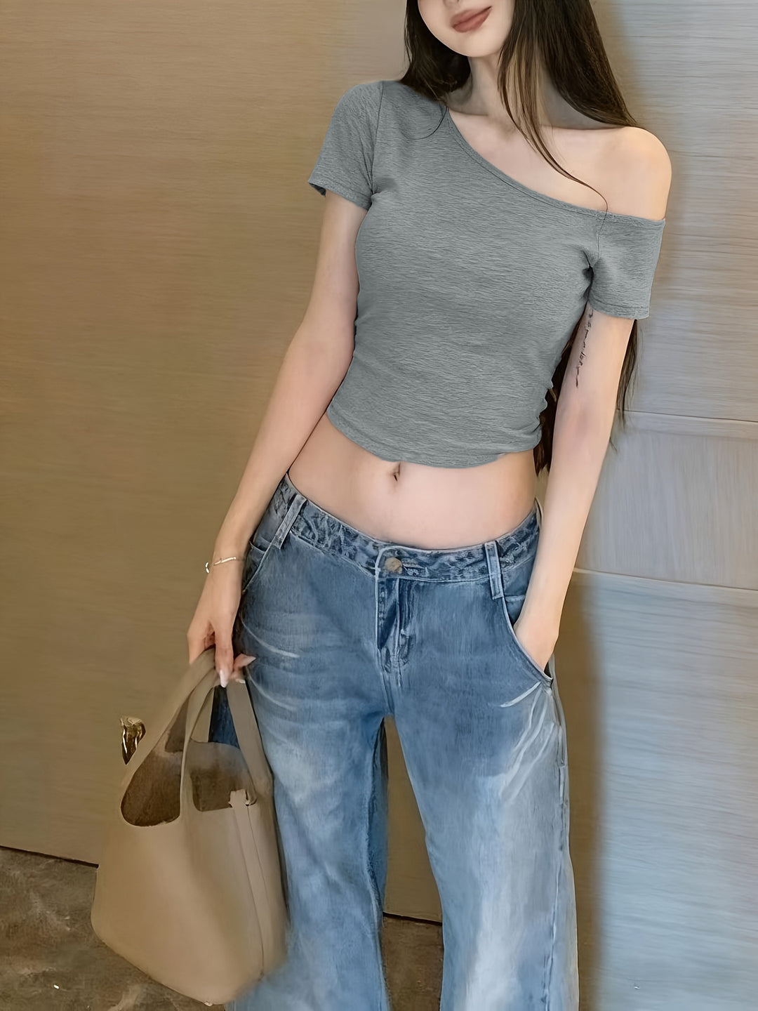 Damen lässiges Crop-Top im Off-Shoulder Stil Drune