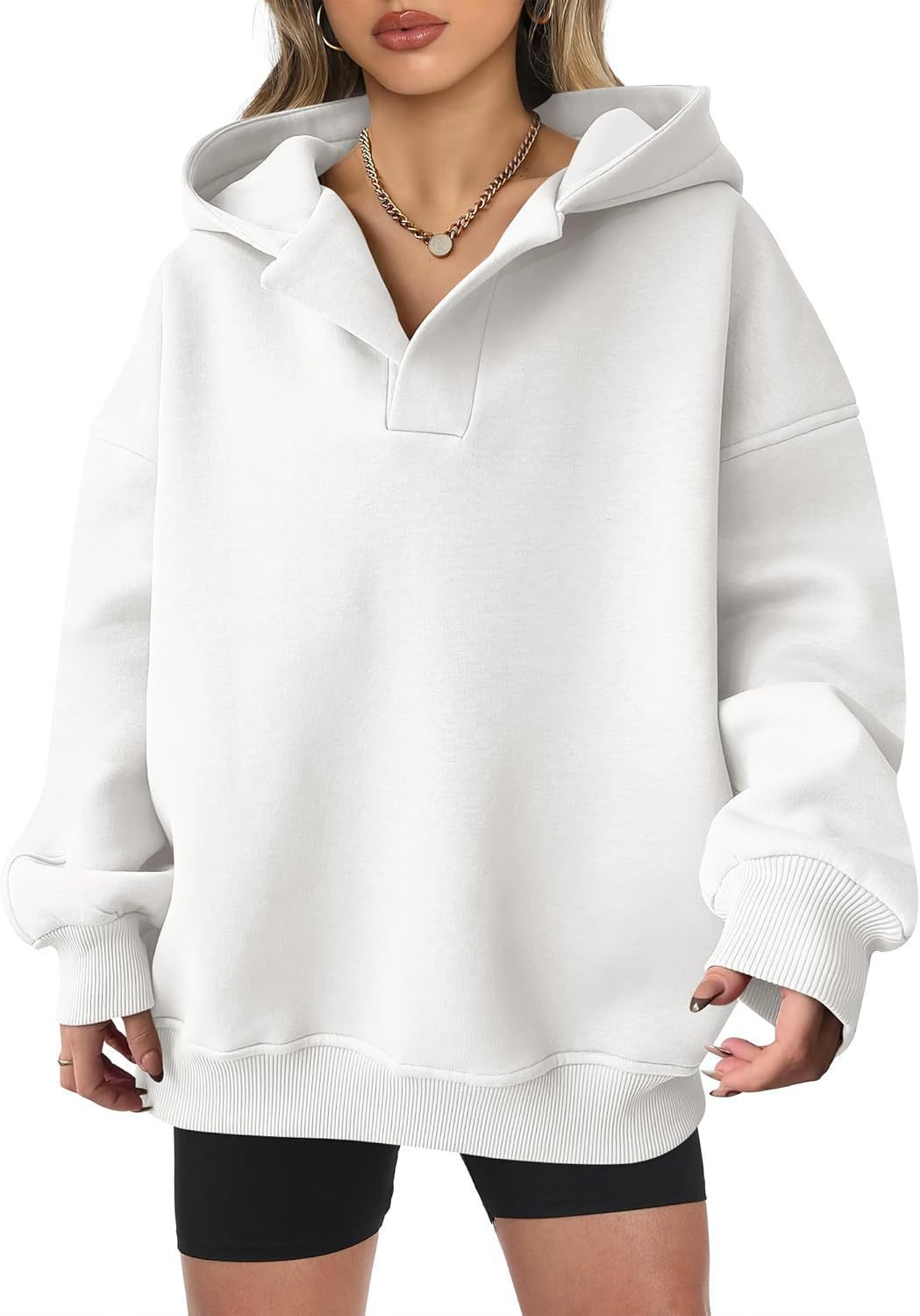 Damen Oversized Kapuzenpullover mit modischem Kragen und voluminösen Ärmeln Drune
