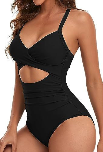 Drune | Damen Einteiler Badeanzüge Push Up Bauchkontrolle Badeanzüge V-Ausschnitt Cutout Anständige Bademode