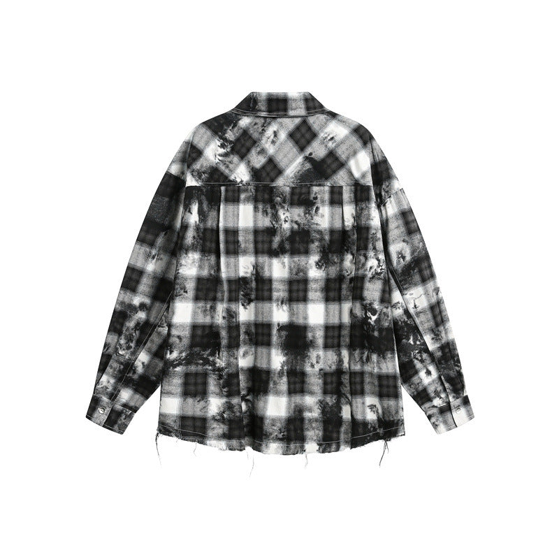 Herren Oversize-Karo-Hemdjacke mit ausgefranstem Saum und Brust-Reißverschlusstasche Drune