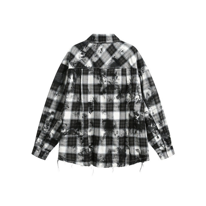 Herren Oversize-Karo-Hemdjacke mit ausgefranstem Saum und Brust-Reißverschlusstasche Drune
