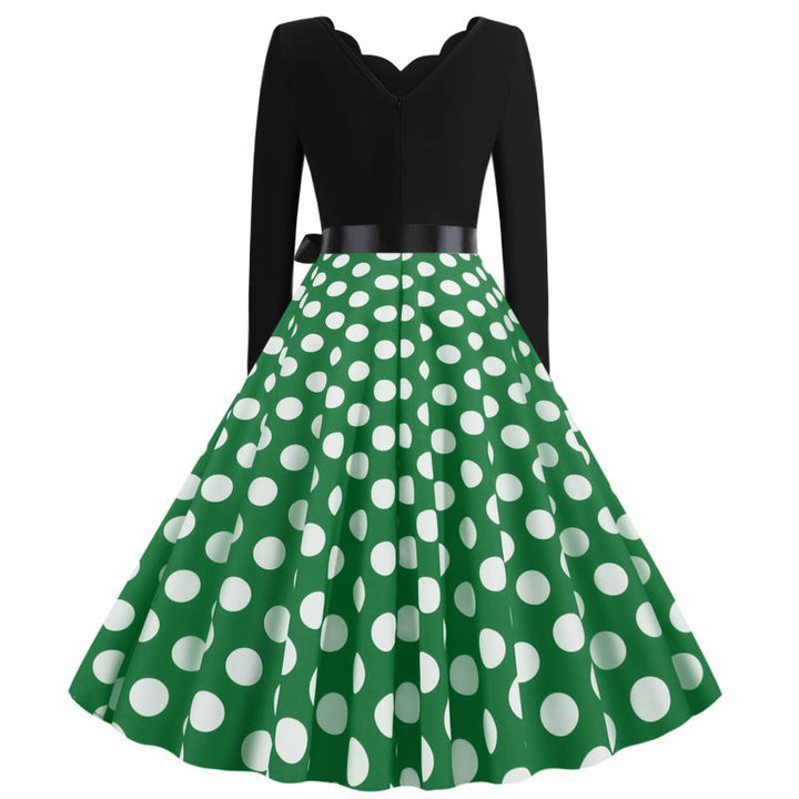 Damen Retro Swingkleid im Vintage-Stil mit welligem V-Ausschnitt, langärmliger Oberteil, Polka-Dot Tellerrock und Satin-Taillengürtel Drune