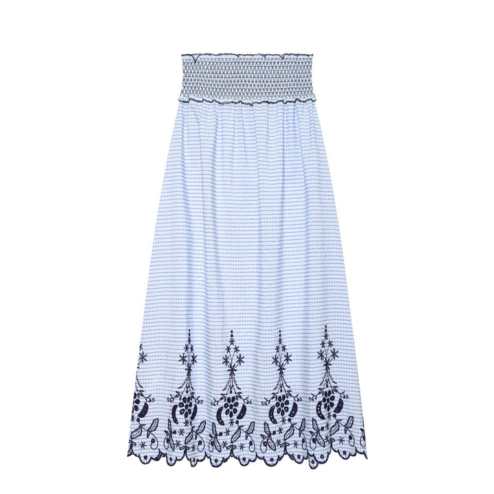 Damen Ärmelloses Maxikleid mit Smokoberteil und floraler Stickerei am Saum Drune