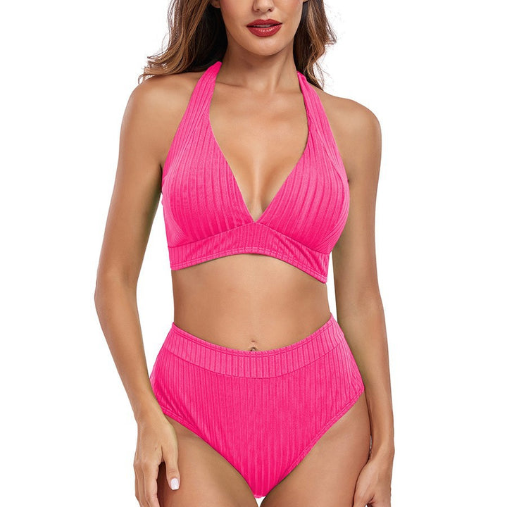 Damen Hochtaillierter Bikini mit V-Ausschnitt und Rippstruktur Drune