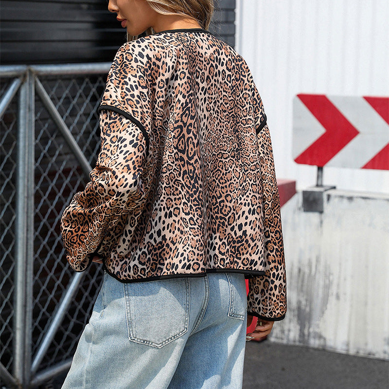 Damen Leichter Leopard-Print Blouson mit Kontrastpaspel und aufgesetzten Taschen Drune