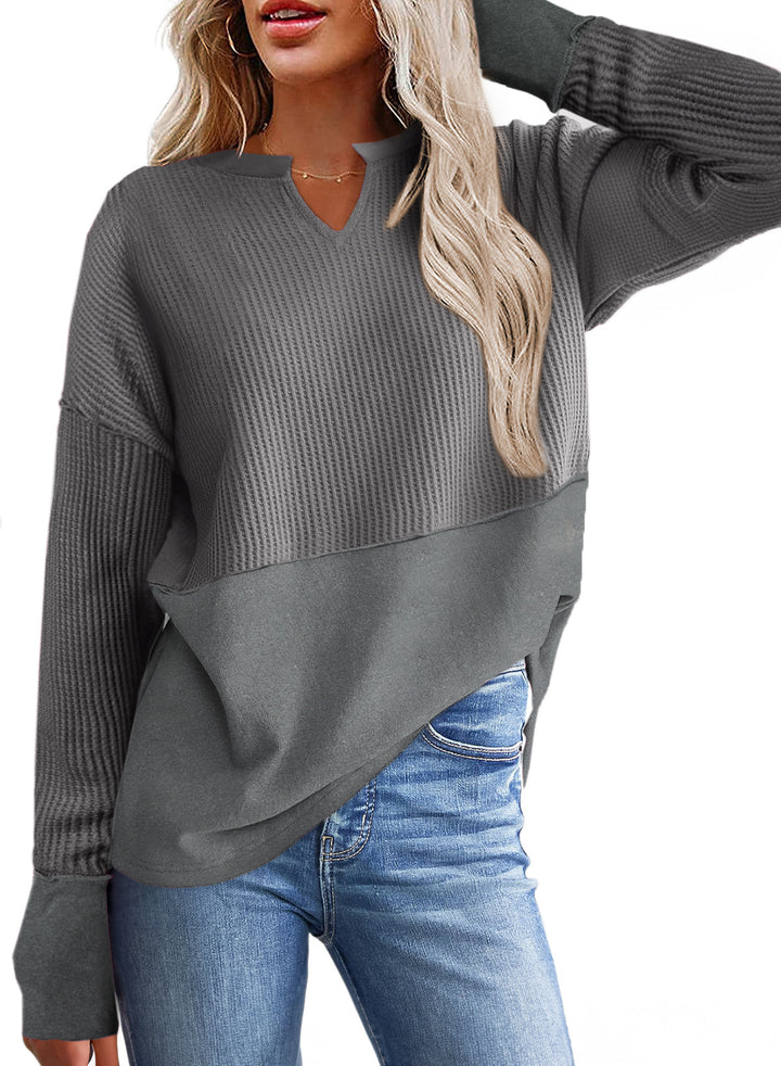 Damen Oversize-Pullover mit Waffle-Struktur, V-Notch und überschnittener Schulter Drune