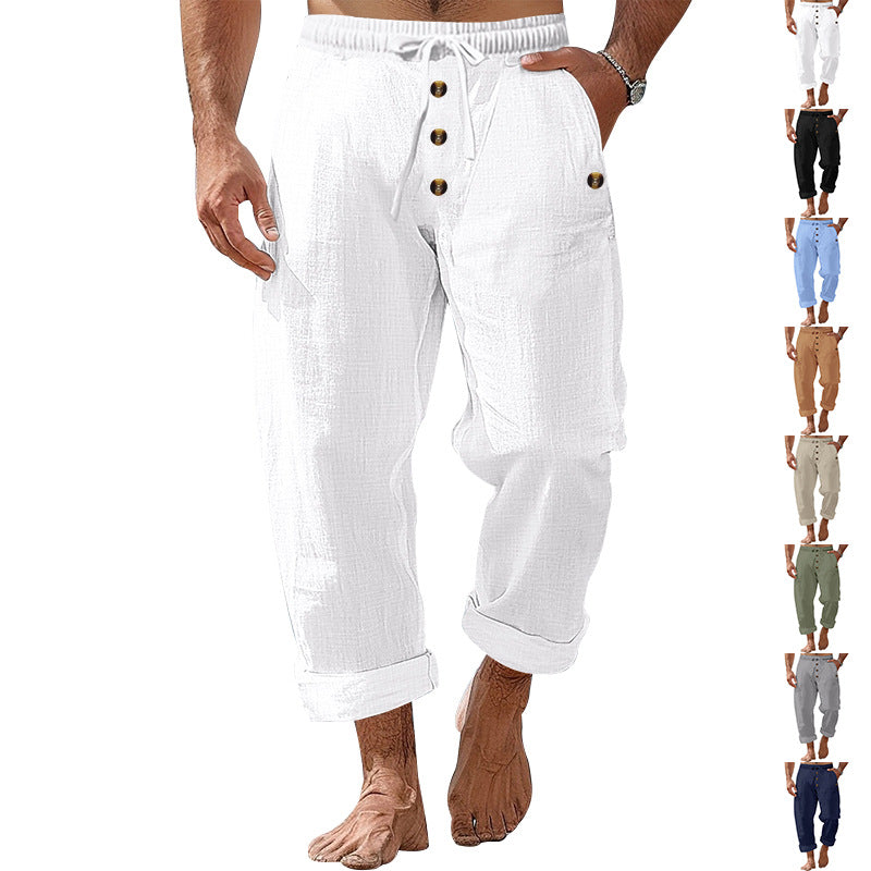 Herren nan lockere Leinen-Baumwoll-Hose mit elastischem Bund, Kordelzug und aufgekrempeltem Saum Drune