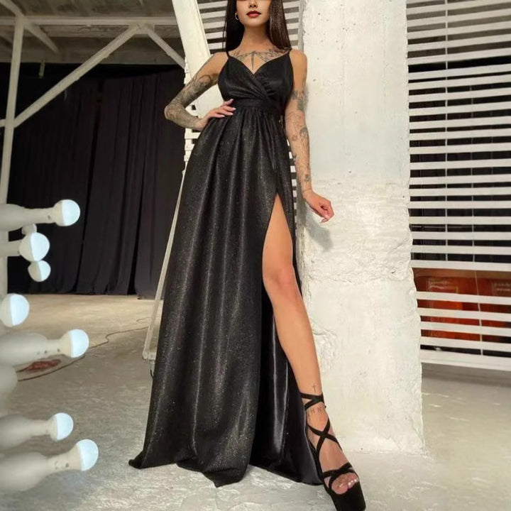 Damen Elegantes Glitzer-Maxikleid mit tiefem Schlitz und schickem Wickeldesign Drune