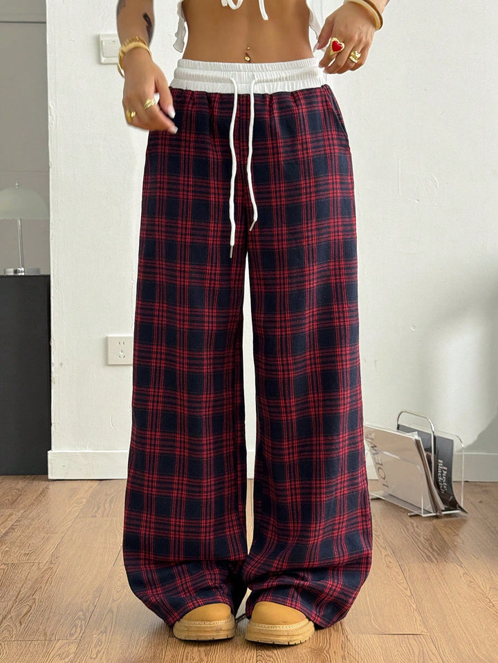 Damen weite karierte Lounge-Hose mit hohem Gummibund und Kordelzug Drune