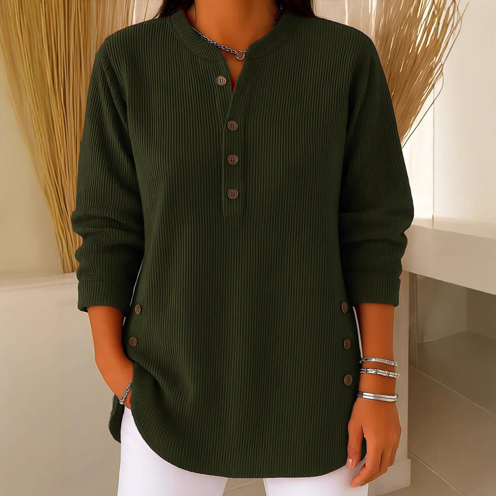 Damen nan plissee Tunika-Bluse mit Stehkragen, Knopfleiste und seitlichen Zierknöpfen Drune