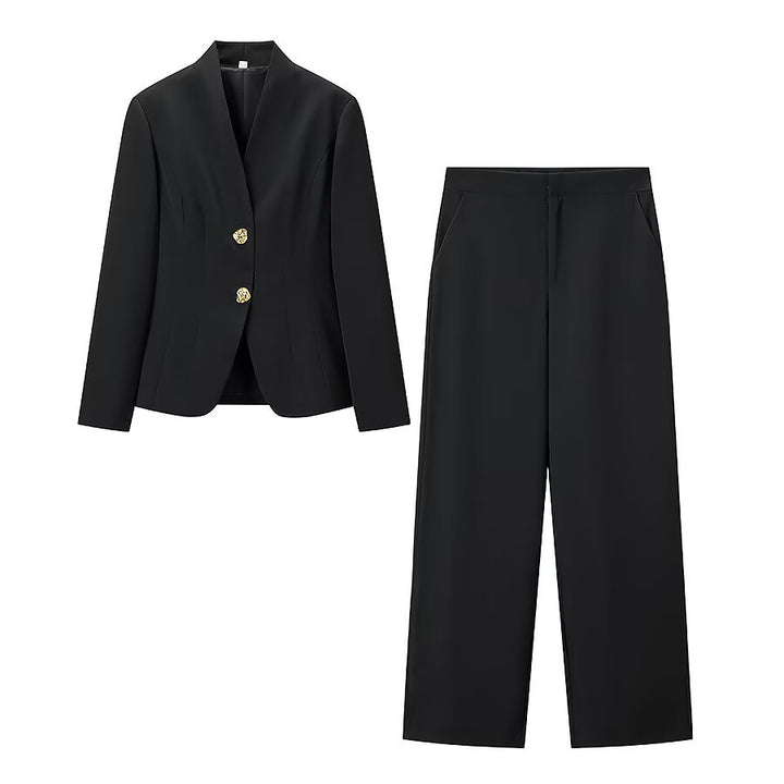 Damen Zweiteiliges Tailored-Blazer- und Highwaist-Hosen-Set mit goldknopf-Detail Drune