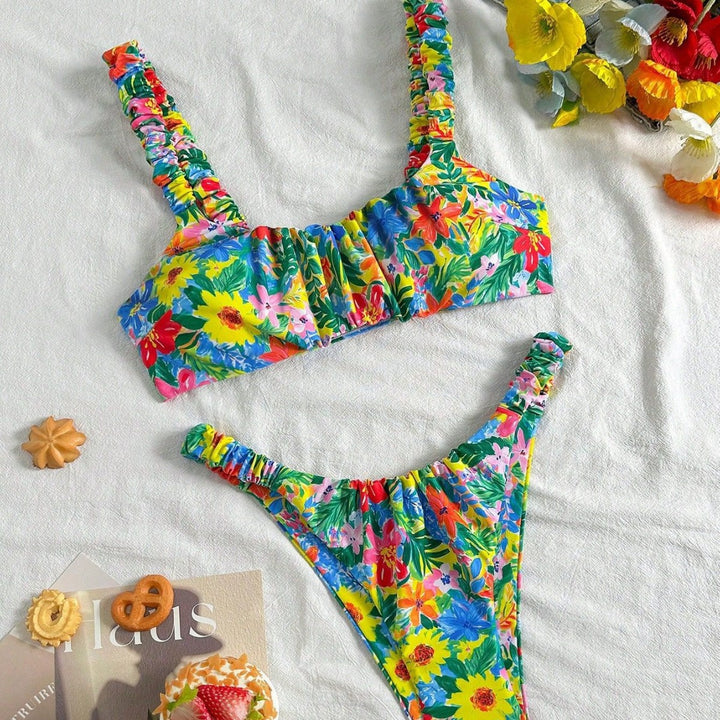 Damen Hauchdünner Floral-Bikini mit elastischen Rüschen Drune