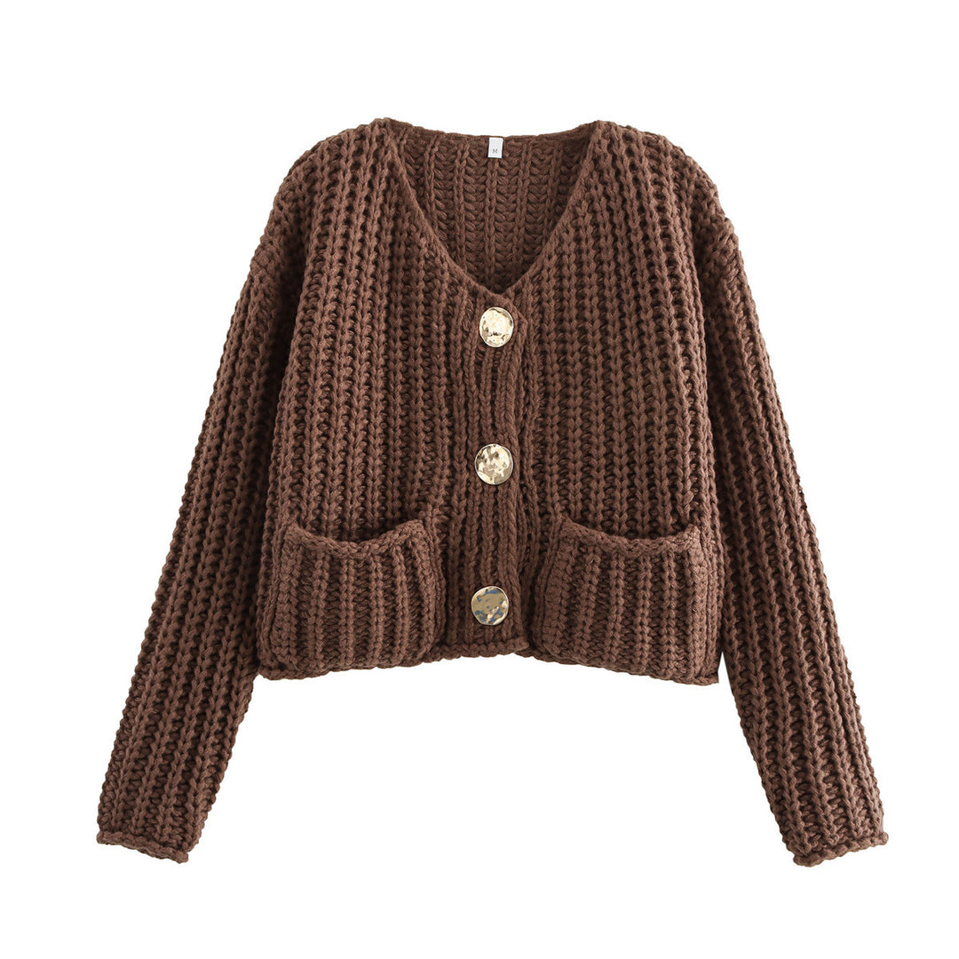 Damen Kurzcardigan im Rippen-Grobstrick mit aufgesetzten Taschen und Statementknöpfen Drune