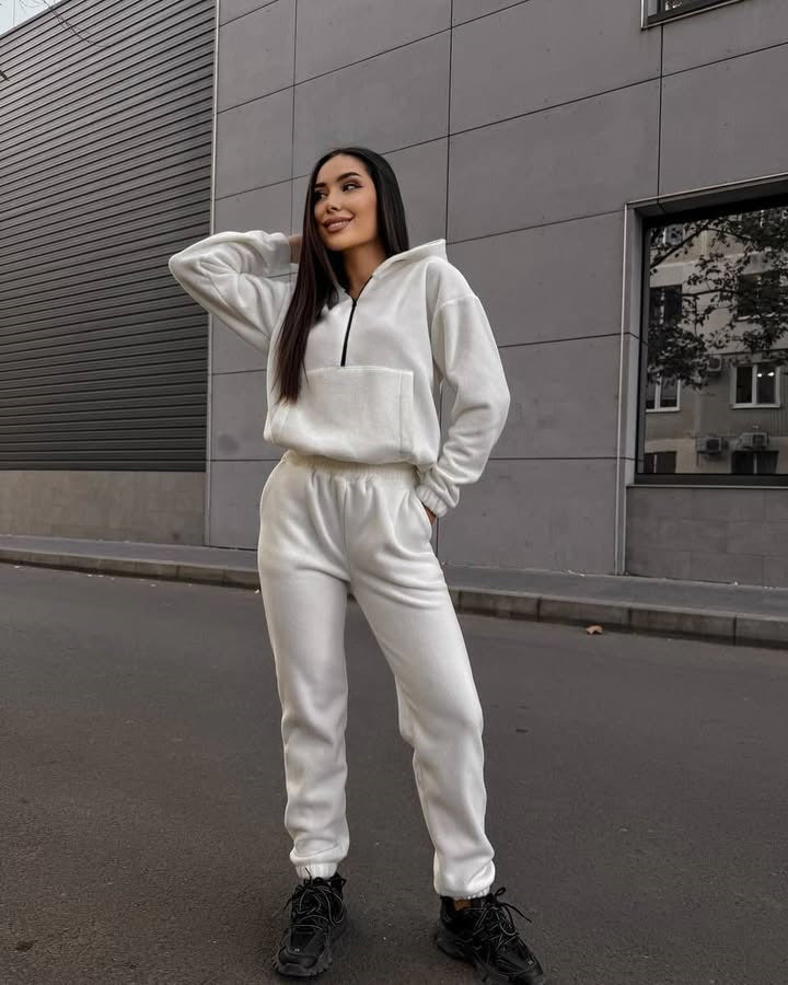 Damen sportliches Fleece-Set mit halbhohem Reißverschluss Kapuzenhoodie und lässiger Jogginghose Drune