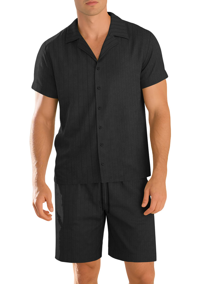Herren nan Rippenstrick Lounge-Set mit Reverskragen Kurzarmhemd und Komfort-Bermuda Drune