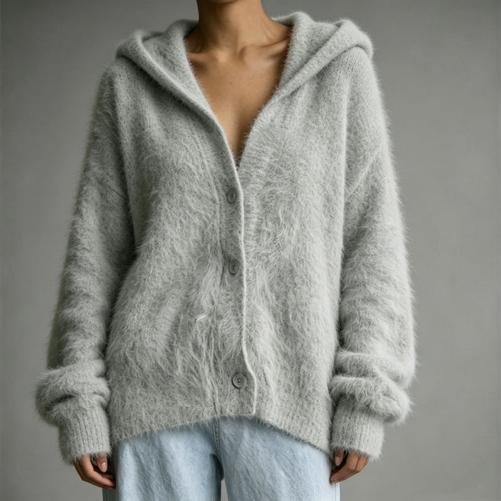 Damen Flauschiger Kapuzen-Cardigan im Mohair-Look mit Knopfleiste Drune