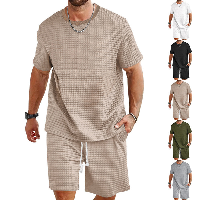 Herren nan leichter Freizeit-Zweiteiler in Waffelstruktur mit Rundhals-T-Shirt und komfortablen Shorts Drune