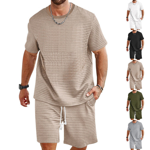 Herren nan leichter Freizeit-Zweiteiler in Waffelstruktur mit Rundhals-T-Shirt und komfortablen Shorts Drune